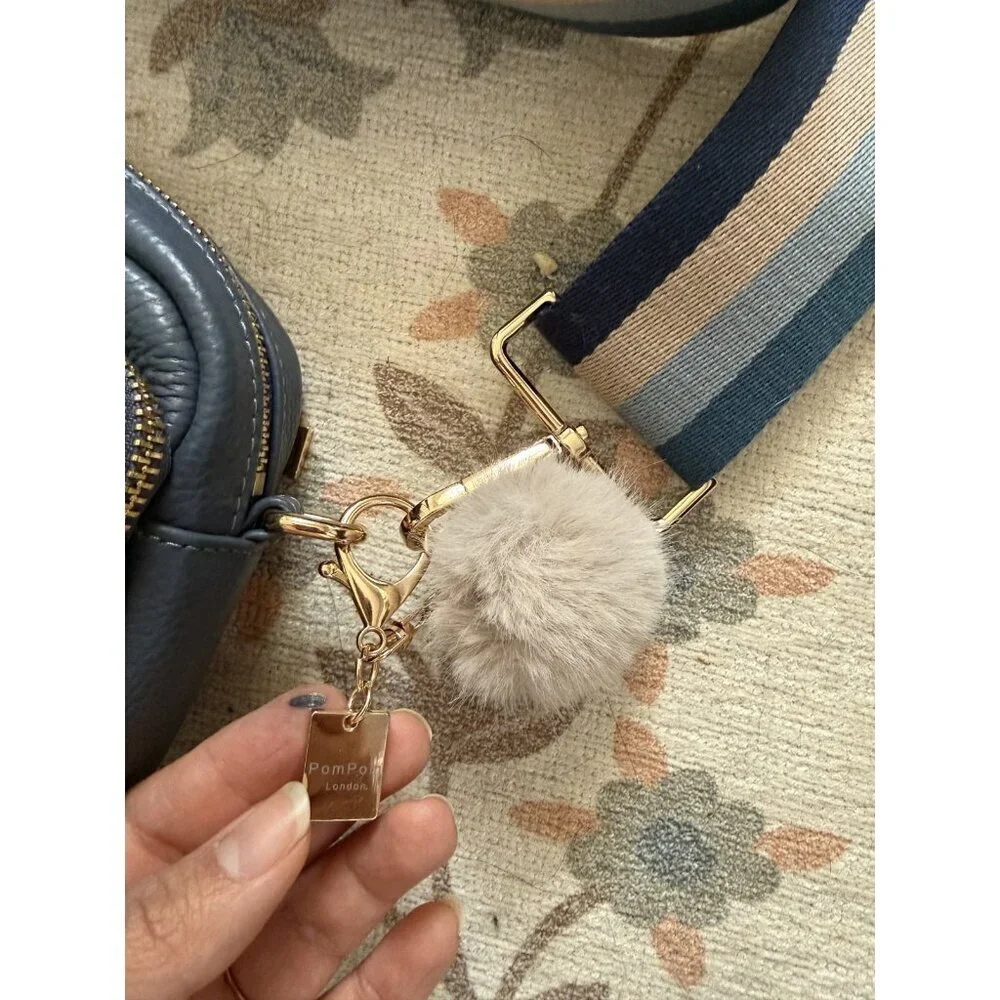 Pom Pom London Original Leather Crossbody Bag In Slate Blue With 2 Straps Small